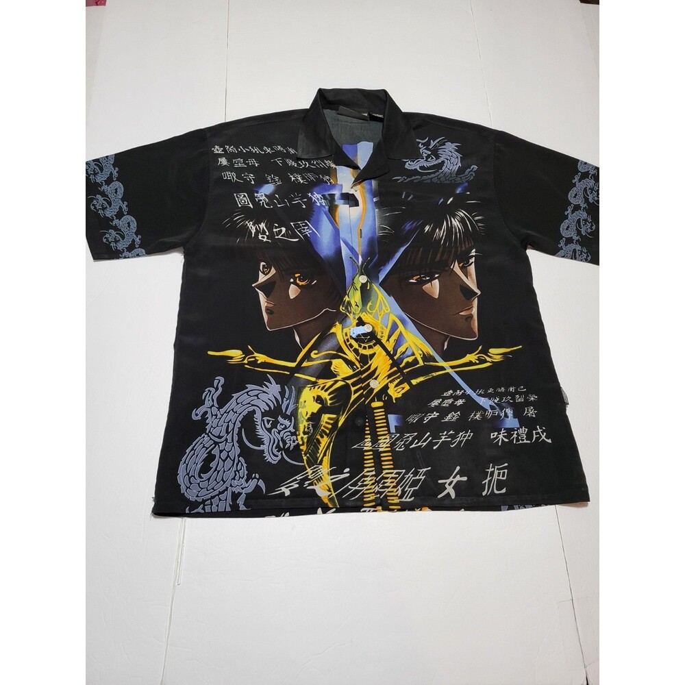 (#L8) Veezo Black Anime Manga Cartoon Dragons Samurai Y2K Button Up LARGE